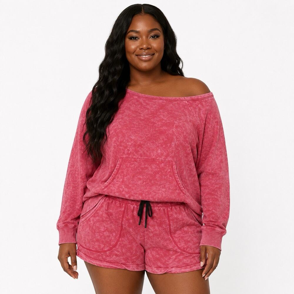 Torrid Active Mineral Wash Off Shoulder Sweatshirt Shorts Set Plus 2X Pink
